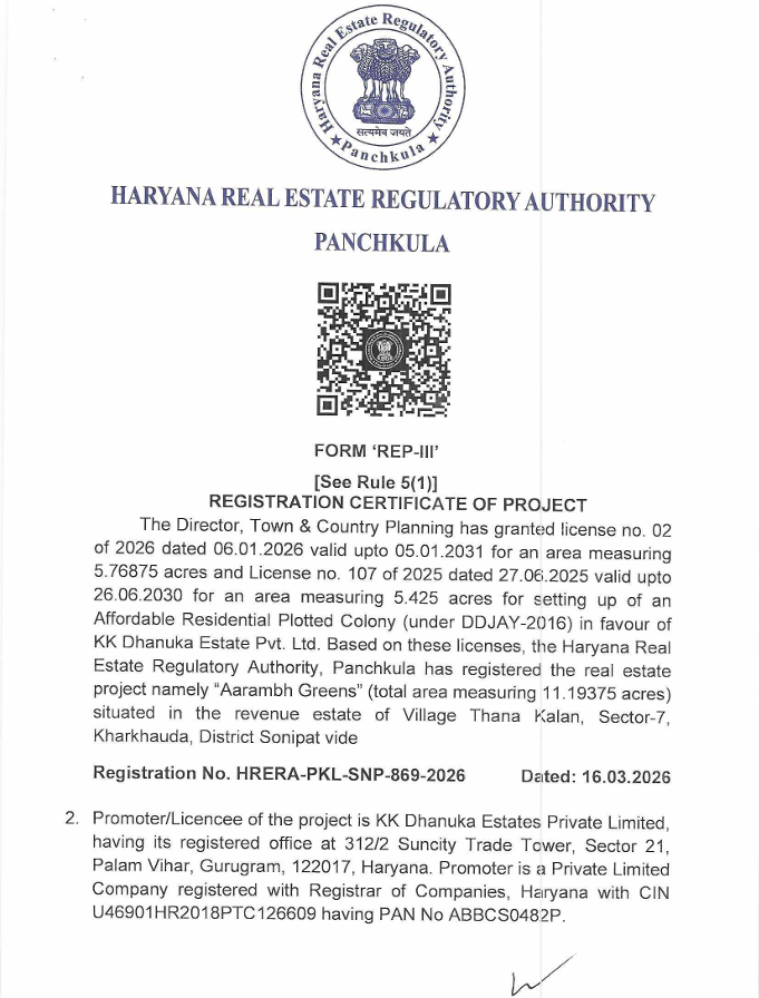 Rera For Aarambh Greens